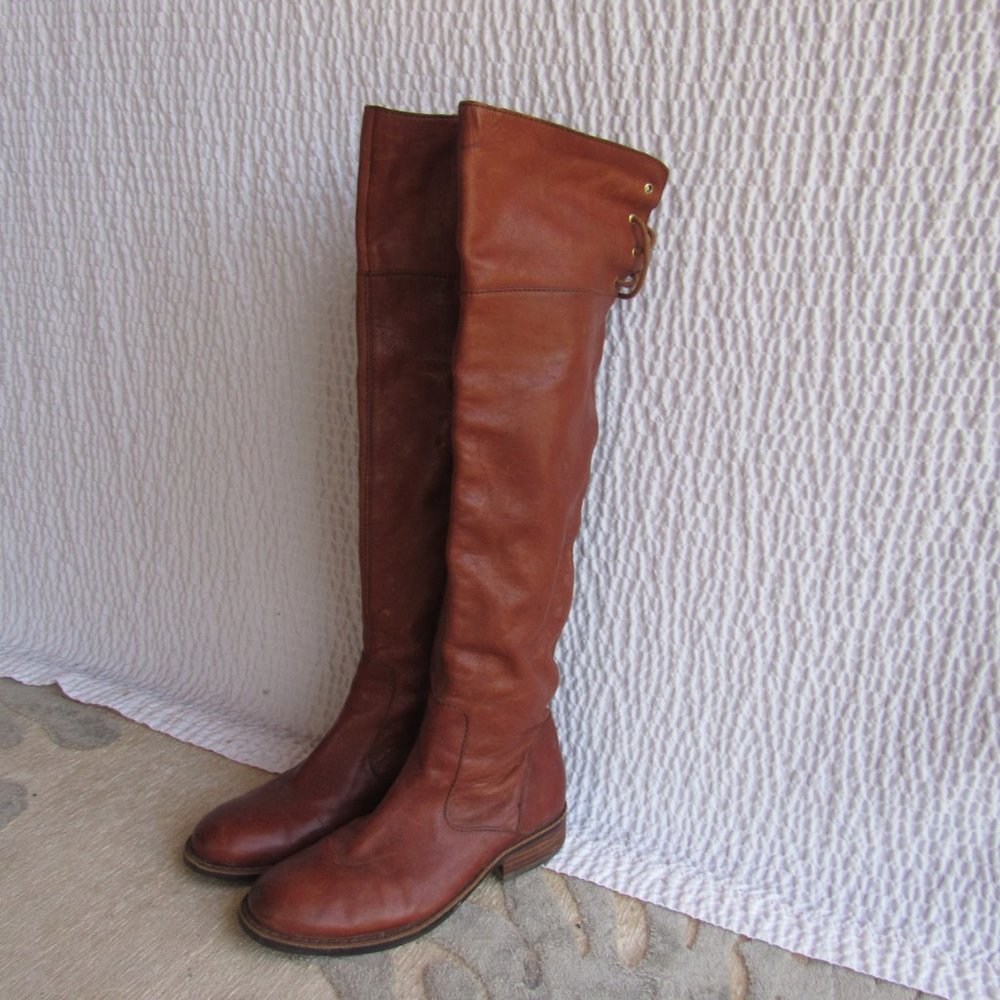Vince Camuto 8 Knee Boots Vintage Zip  Lace Up Distressed Leather Sole Brown